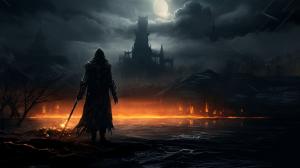 Dark Fantasy setting with a black figure in the middle