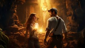 Romantic Couple Like Indiana Jones and female Companion Searching for Diamonds in Mexico Mining Ruins In a huge cave with diamonds gleaming.