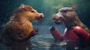 realistic Duck and a capybara having a boxing match