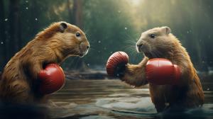 realistic Duck and a capybara having a boxing match