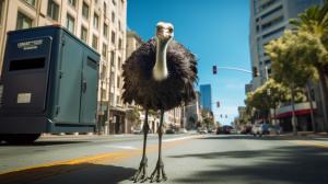 Ostrich running past a futuristic speed camera downtown San Francisco.