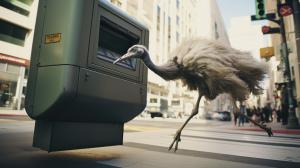 Ostrich running past a futuristic speed camera downtown San Francisco.