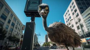 Ostrich running past a futuristic speed camera downtown San Francisco.