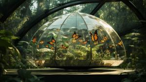 Large octogen shaped glass dome, with large man sized tropical butterflies flying about. their is a futuristic home settled in between 2 large tropical trees.