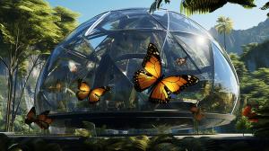 Large octogen shaped glass dome, with large man sized tropical butterflies flying about. their is a futuristic home settled in between 2 large tropical trees.