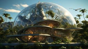 Large octogen shaped glass dome, with large man sized tropical butterflies flying about. their is a futuristic home settled in between 2 large tropical trees.