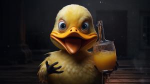 Scary duck holding a little lemon