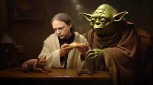 yoda eating hotdog with jesus and shrek