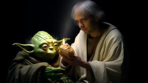 yoda eating hotdog with jesus