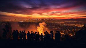 ALL WEST and EAST COAST greatest hip hop artist of all time SMOKING and DRINKING TOGETHER in a ENORMOUS GROUP under a DARK THEME SUNSET showing the HOLLYWWOOD sign LIT UP WITH LIGHTS. Representing BEAUTIFUL Los angeles Culture AND SCENERY