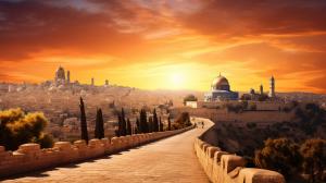 Nation of Israel returning to Jerusalem on  a smooth road. All obstacles removed and Old City of Jerusalem restored gleaming bright in the Background at sunrise.