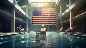 Extra terestiral holding the declaration of independence whilst swimming in the spacious pool full of chlorine