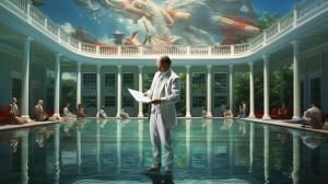 Extra terestiral holding the declaration of independence whilst swimming in the spacious pool full of chlorine