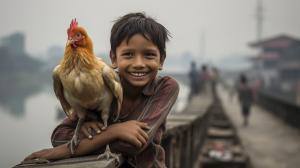 2 childeren hugging a chicken on a bridge up in Bangladesh