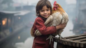 2 childeren hugging a chicken on a bridge up in Bangladesh