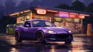 a purple mazda miata in the rain with a gas station in the back