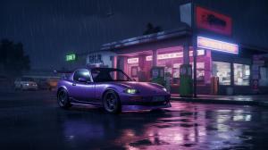 a purple mazda miata in the rain with a gas station in the back