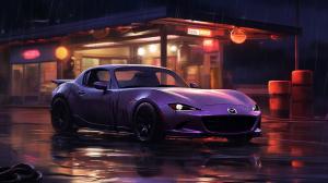 a purple mazda miata in the rain with a gas station in the back