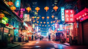 Hong kong neon lights at night street viewHanging lanterns