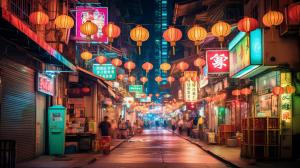 Hong kong neon lights at night street viewHanging lanterns