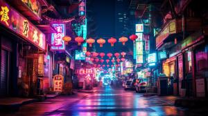 Hong kong neon lights at night street viewHanging lanterns