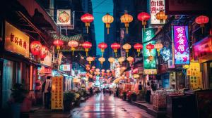 Hong kong neon lights at night street viewHanging lanterns