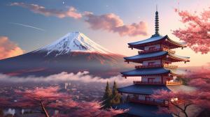 Japan mt fuji cherry blossom trees templeDragon fying is sky background