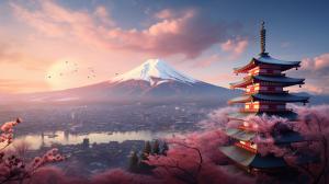 Japan mt fuji cherry blossom trees templeDragon fying is sky background