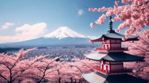 Japan mt fuji cherry blossom trees templeDragon fying is sky background