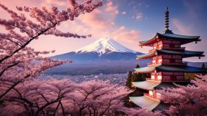 Japan mt fuji cherry blossom trees templeDragon fying is sky background