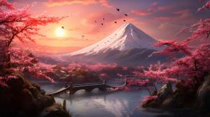 Japan sunet over mt fuji chrry blossom trees dragon in sky background