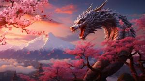 Japan sunet over mt fuji chrry blossom trees dragon in sky background