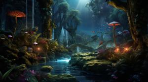 Lush jungle with waterfalls, mist, glow bugs,mushrooms