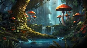 Lush jungle with waterfalls, mist, glow bugs,mushrooms