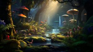 Lush jungle with waterfalls, mist, glow bugs,mushrooms