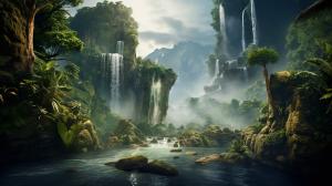 Lush jungle with waterfalls, mist