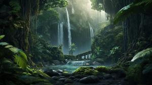 Lush jungle with waterfalls, mist