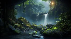 Lush jungle with waterfalls, mist