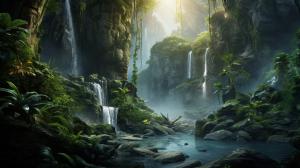 Lush jungle with waterfalls, mist