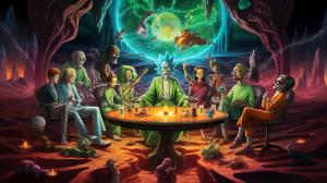 rick and morty sitting at a discussion table with walter white and jesse from breaking bad along with heath ledgers joker, the Riddler, Darth Vader, and the characters pinky and the brain from the old cartoon discussing taking over the world ultra realistic 4k