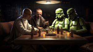 Rick and Morty, Walter white, and Jesse from breaking bad along The Joker, the Riddler, Darth Vader, pinky and The Brain all sitting at a table  discussing taking over the world ultra realistic 4k photo realistic