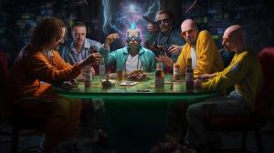 Rick and Morty, Walter white, and Jesse from breaking bad along The Joker, the Riddler, Darth Vader, pinky and The Brain all sitting at a table  discussing taking over the world ultra realistic 4k photo realistic