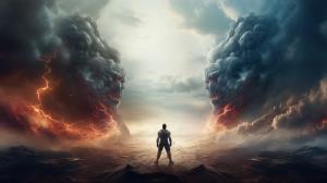 A man struggling with his thoughts good vs. evil fighting a battle above him, 4k resolution