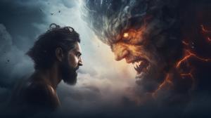 A man struggling with his thoughts good vs. evil fighting a battle above him, 4k resolution