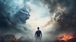 A man struggling with his thoughts good vs. evil fighting a battle above him, 4k resolution