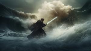 Darth Anakin fighting Obiwan misty storm waves crashing