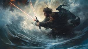 Darth Anakin fighting Obiwan misty storm waves crashing