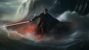 Darth Anakin fighting Obiwan misty storm waves crashing