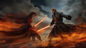 Sith Anakin fighting Obiwan misty storm