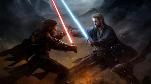 Sith Anakin fighting Obiwan misty storm